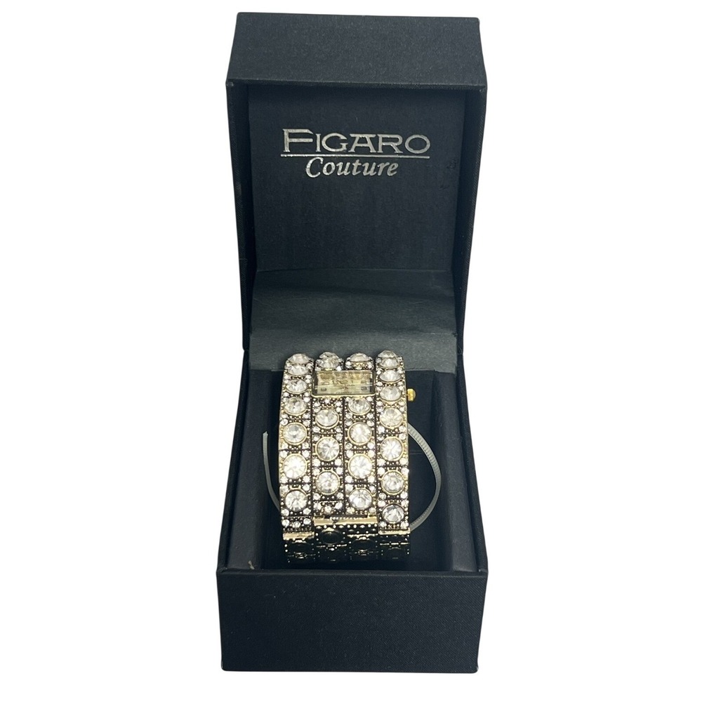 FIGARO Couture Women's Gold Tone Crystal Cuff‎ Bangle Wristwatch Untested w/ Box